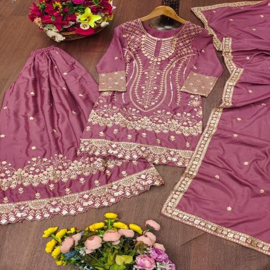 Mauve Silk Blend Embroidered Sharara Suit Set with Dupatta