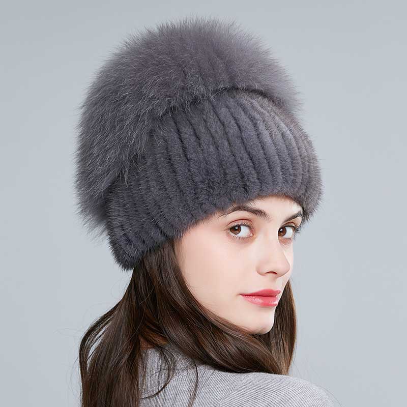Fox Fur Pom Beanie Hat Real Mink Fashion Warm Winter Knitted Hats for Women Real Fur Beanie Hat With Fox Fur Pom
