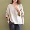 Vintage Women 34 Sleeve O Neck Cotton Linen Loose Casual Shirt Top Blouse