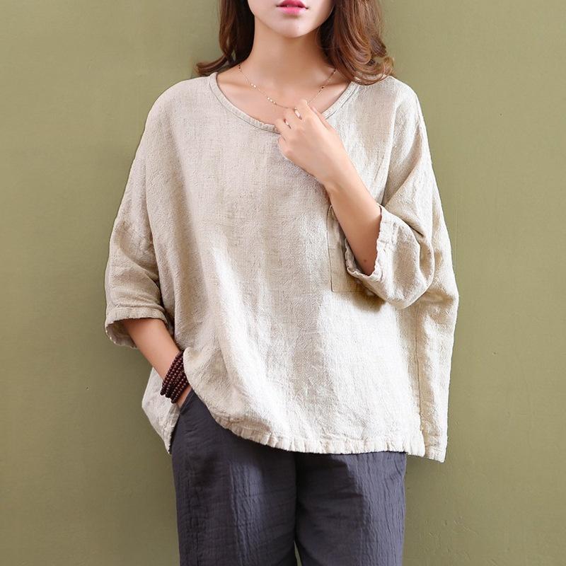 Vintage Women 34 Sleeve O Neck Cotton Linen Loose Casual Shirt Top Blouse