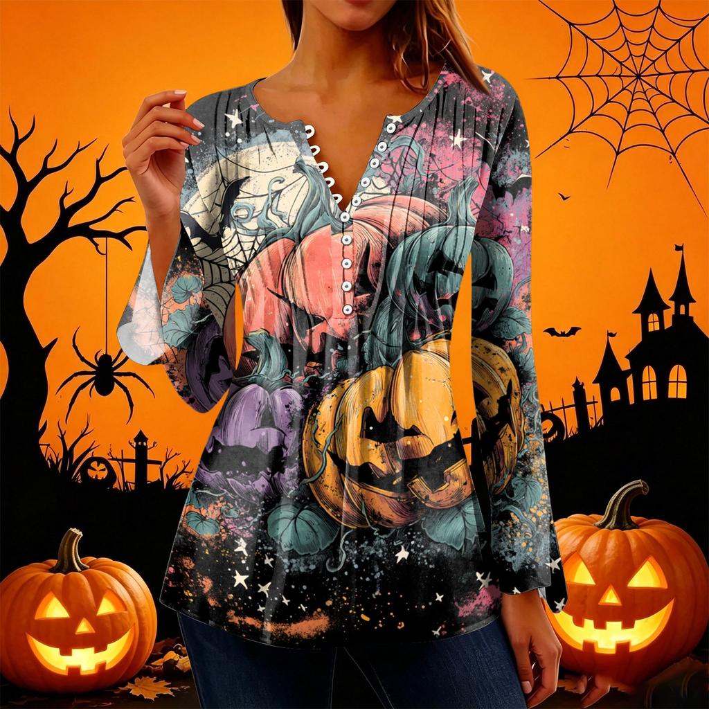 Women's Halloween Print V-Neck Long Sleeve Bell Sleeve Pleated Button Blouse