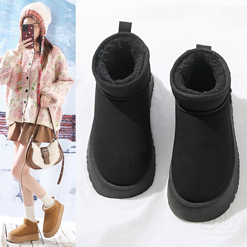 Sponge Cake Thick Sole Snow Winter New Waterproof Short Tube Height Increasing Cotton Shoes with Warm and Fluffy Bread Shoes