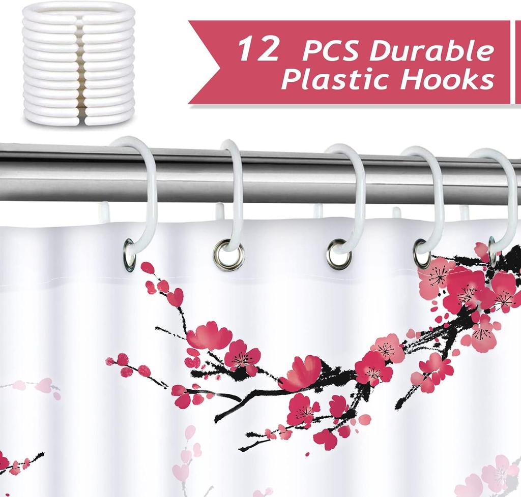 Pink Cherry Blossom Waterproof Washable Polyester Shower Curtain 180X 200Cm Bathroom Shower Curtain With 12 Hooks