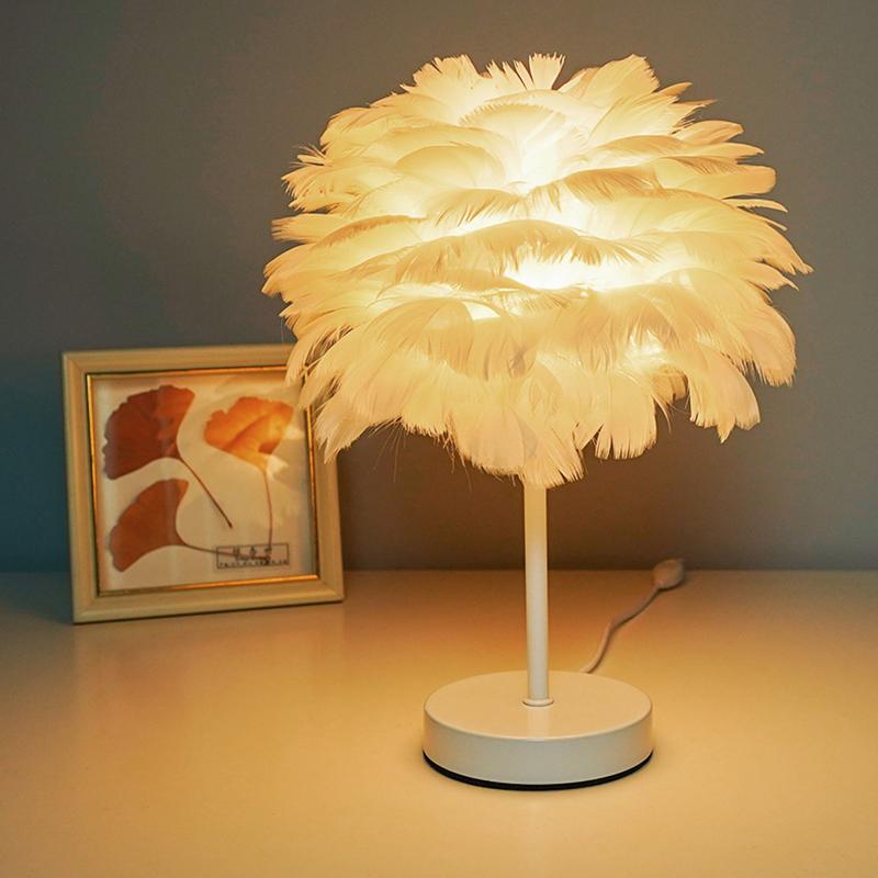 Ins Romantic Feather Table Lamp, Dimmable Bedside Night Light for Bedroom Decor