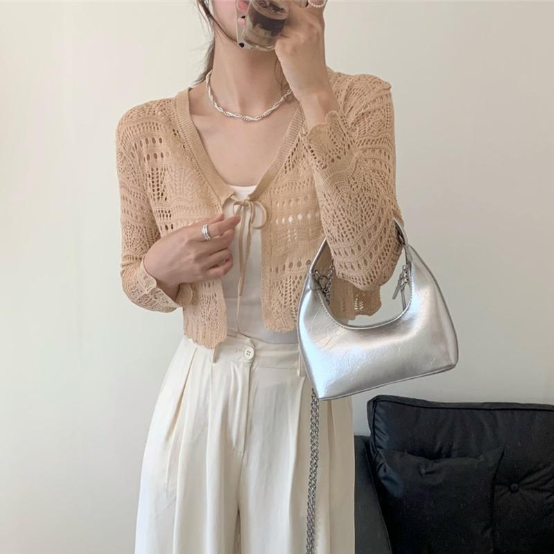 Fashion Sunscreen Knitted Cardigan Women's Hollow Blouse Vest Elegant Summer Thin V-neck Drawstring Air-conditioned Lace Shirt Shawl Short Tops