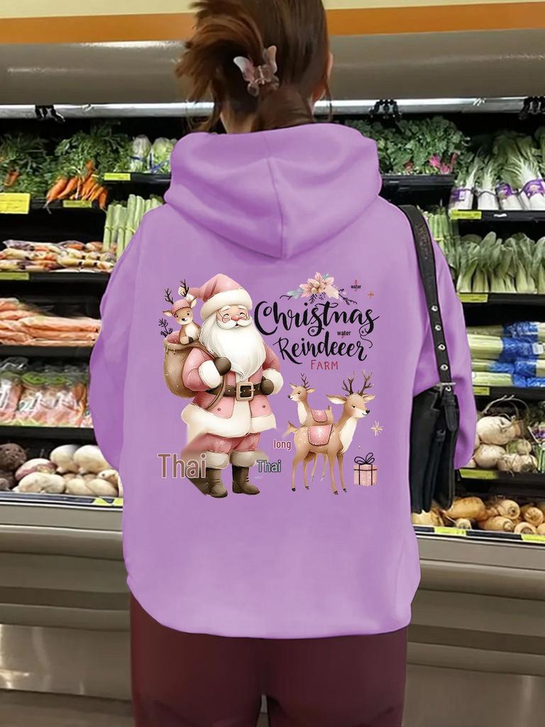 Autumn & Winter Women's Hooded Fleece Lined Sweatshirt with Kangaroo Pocket & Christmas Print