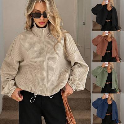 Autumn and Winter High Neck Jacket, Zipper, Drawstring Hem, Pocket, Women's, Loose Fit, Baseball Jacket