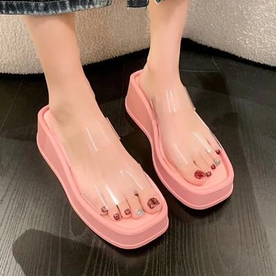 Transparent Pvc Strap Wedge Heel Sandals Women Square Toe Chunky Platform Slippers Woman Summer Casual Thick Sole Eva Flip Flops