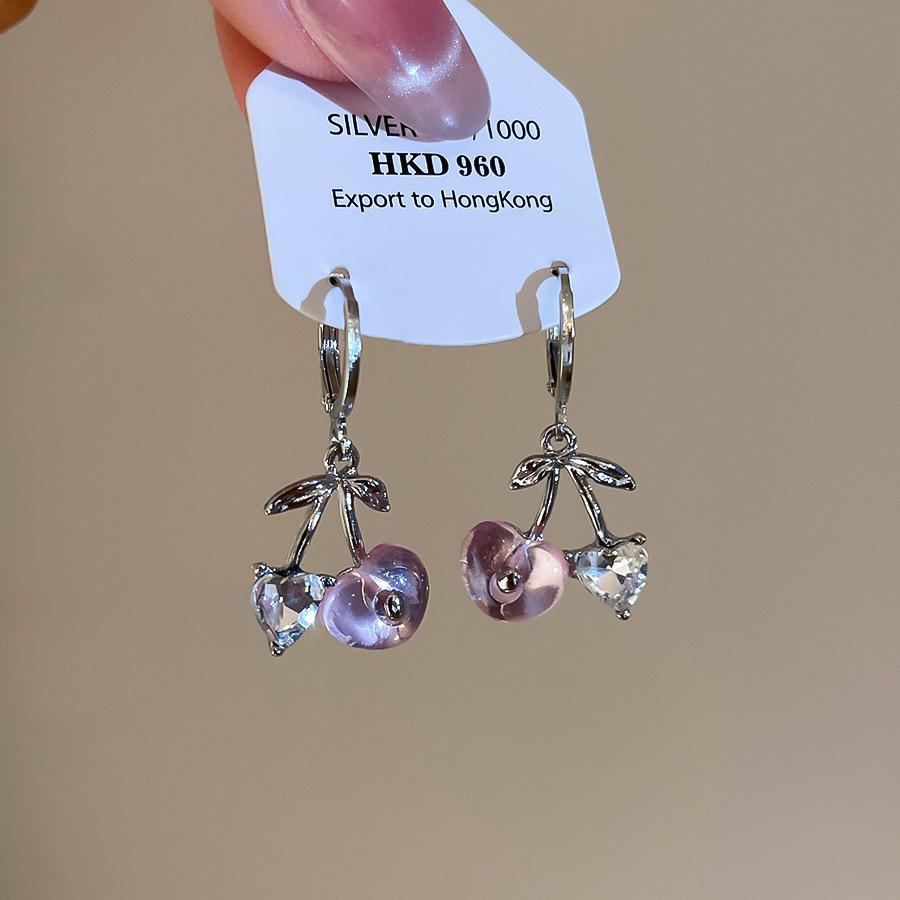 

Sweet Cool Pink Color Resin Rhinestone Cherry Pendant Hoop Earrings for Women Silver Plated Alloy Party Every Day Jewelry