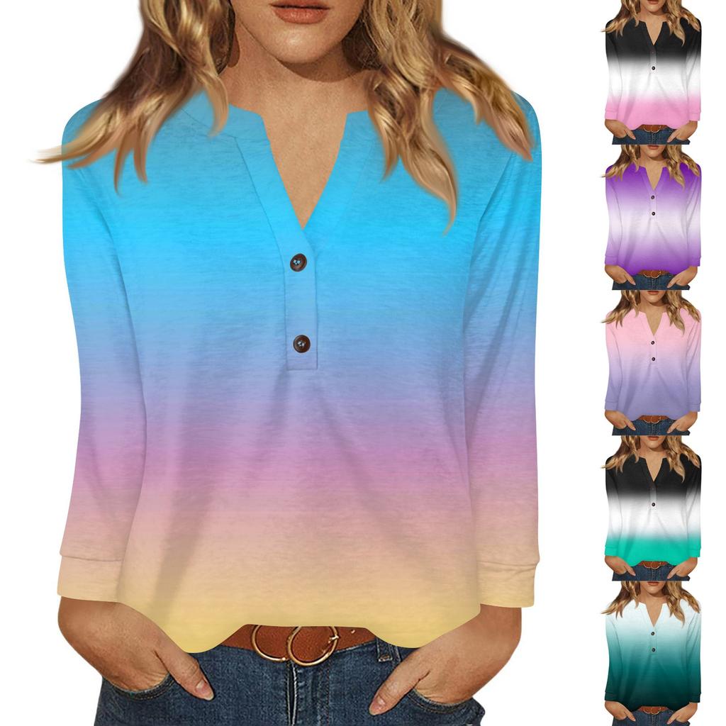 Dámské tričko s potiskem, knoflíky, dlouhý rukáv, denní, víkendová móda, základní, výstřih do V, běžný top