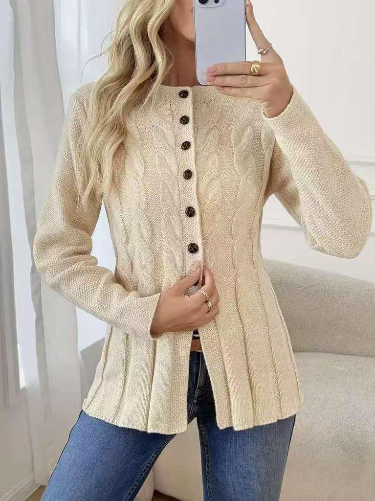 Elegant Waist-Cinching Long Sleeve Knitted Cardigan – Women's Spring/Autumn Stylish Sweater Top