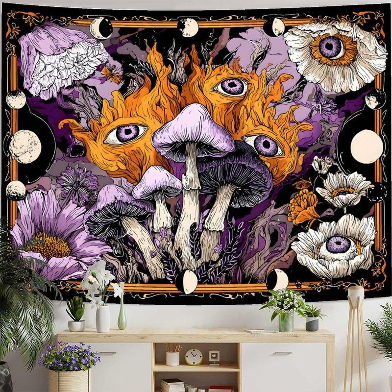 Moon Phase Purple Mushroom Eyeball Flowers Retro Tarot Tapestry Background Hanging Cloth Witch Meditation Room Decor