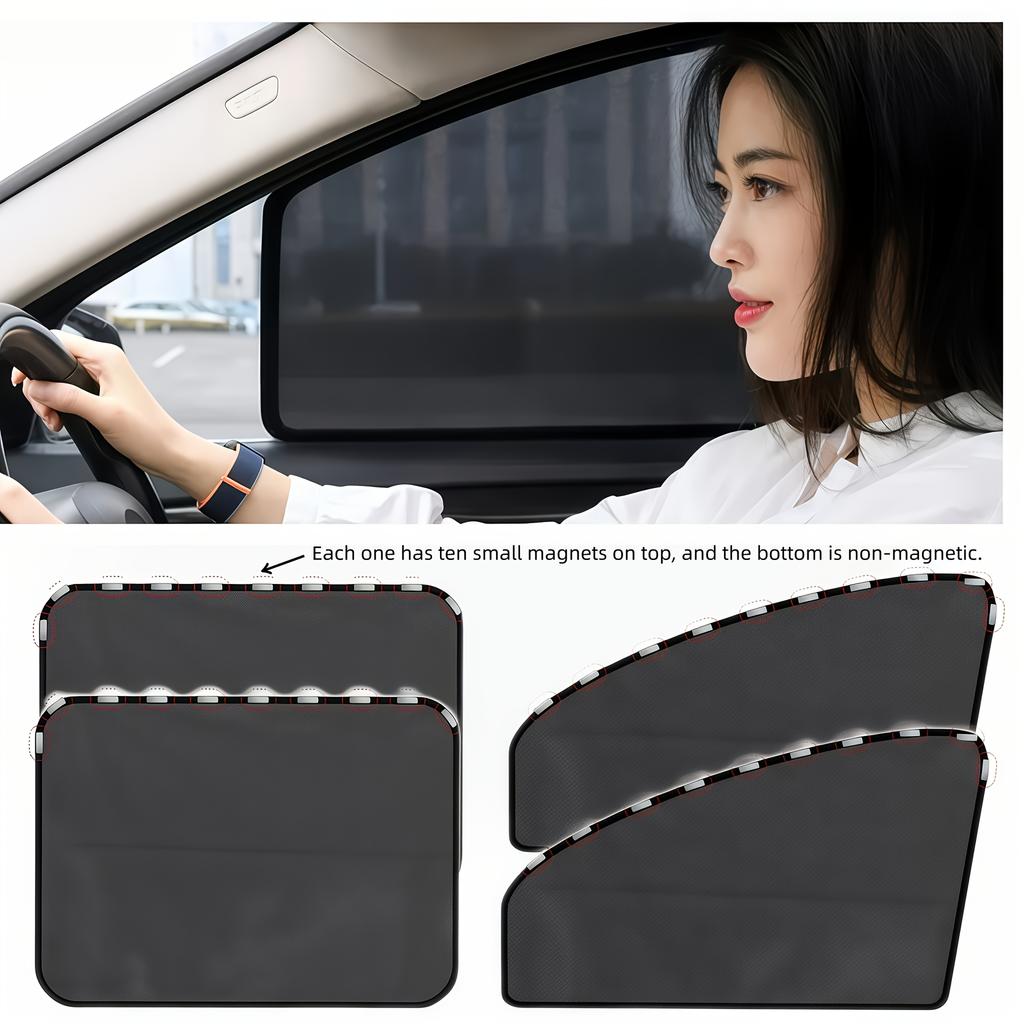 4pcs Magnetic Car Window Sunshades Foldable Uv Protection Front Rear Auto Accessories With Mesh