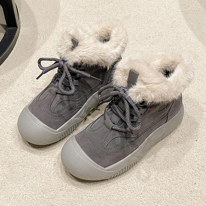 

Fashion Women s Fashion Flat Snow Boots Winter New Round Head Suede Front Strap Thick Sole Anti-slip Wear-resistant Short Boots 40 серый