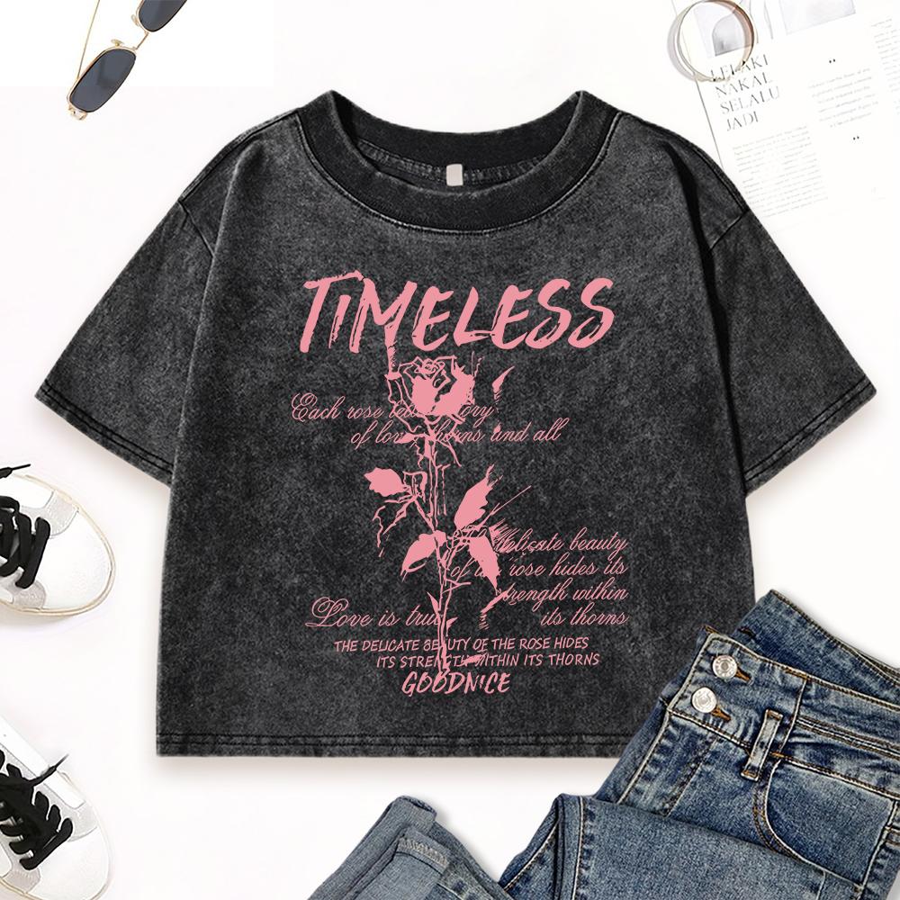 Timeless Love Flowers Prints Washed Slim T Shirts Women Fashion Street T-Shirt Fitness Summer Short Sleeve Cotton Top