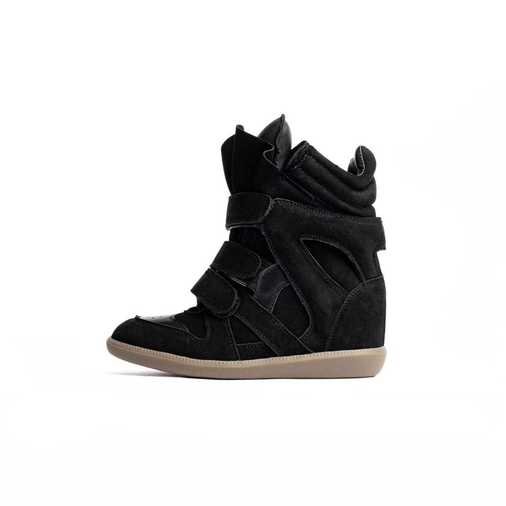 

European and American style invisible inner heightening women s shoes 7CM slope heel Velcro sneakers, leather tall tube color matching casual 40