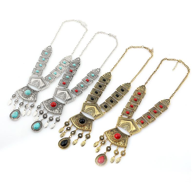 Style Simulation Ethnic Gemstone Decoration Women Metal Necklace With Tassel