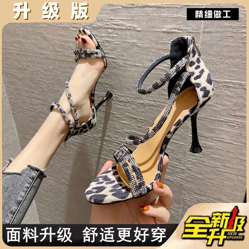 2025 new high-heeled sandals women's summer fashion outer wear leopard print word with rhinestone open-toed Roman sandals women's fine heels
