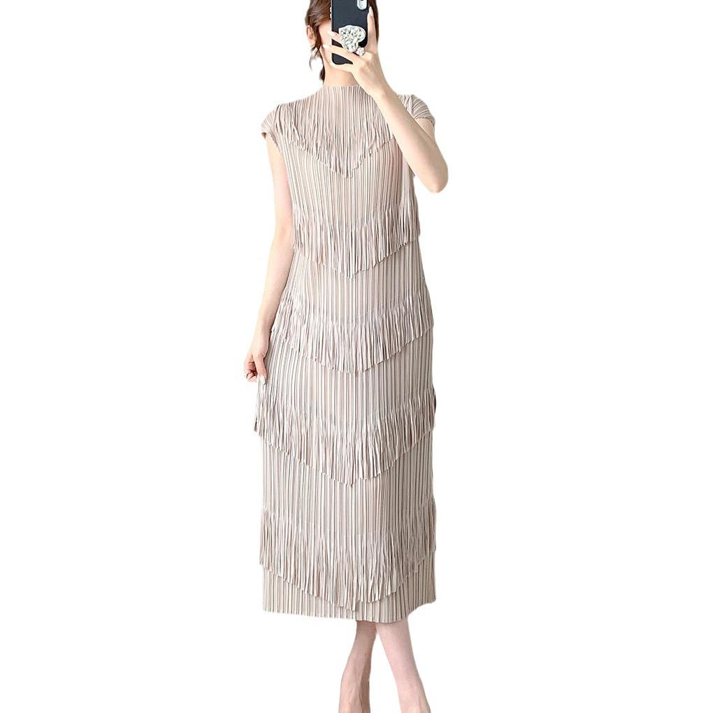 High-End Temperament Western Style Tassel Pleated Long Skirt for Spring/Summer