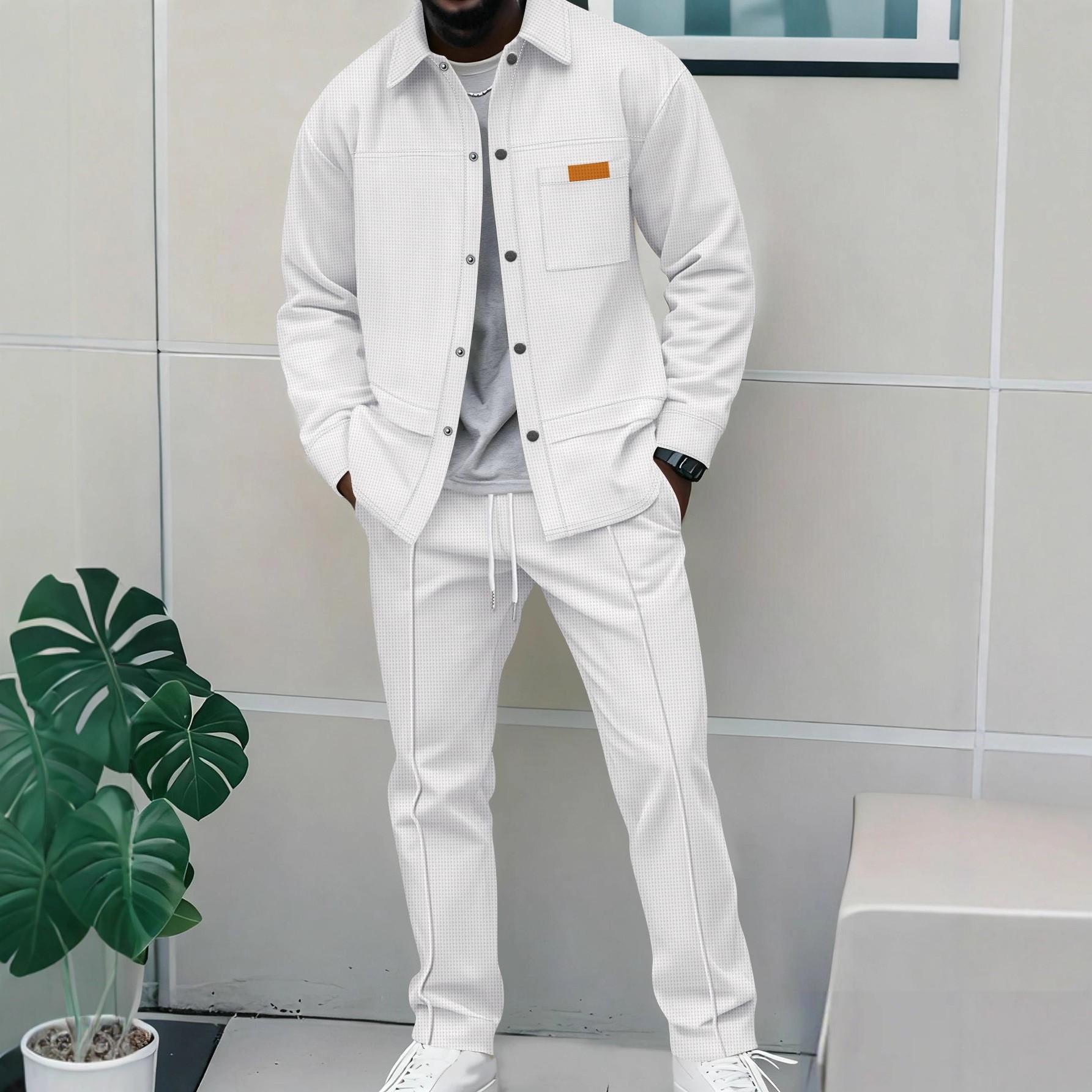 

Men s Autumn Waffle Pattern Solid Color Long Sleeve Lapel Jacket & Pants Suit L белый