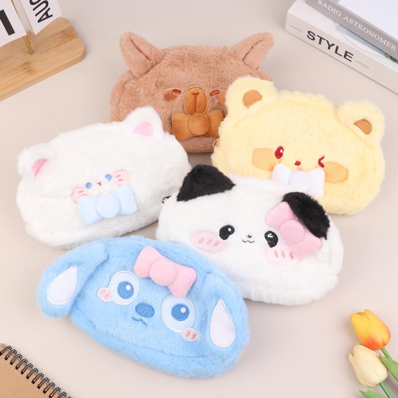 Large Capacity Stationery Storage Bag Cartoon Animal Plush Pencil Case Lovely Plush Cosmetic Bag Christmas Birthday Gifts