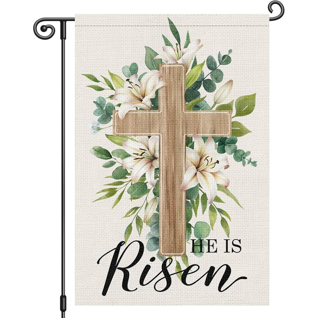 He is Risen Easter Garden Flag | Double Sided Cross Garden Flag, Small Yard Flags for Outside House, Farmhouse Holiday Seasonal Outdoor Decoration, P
