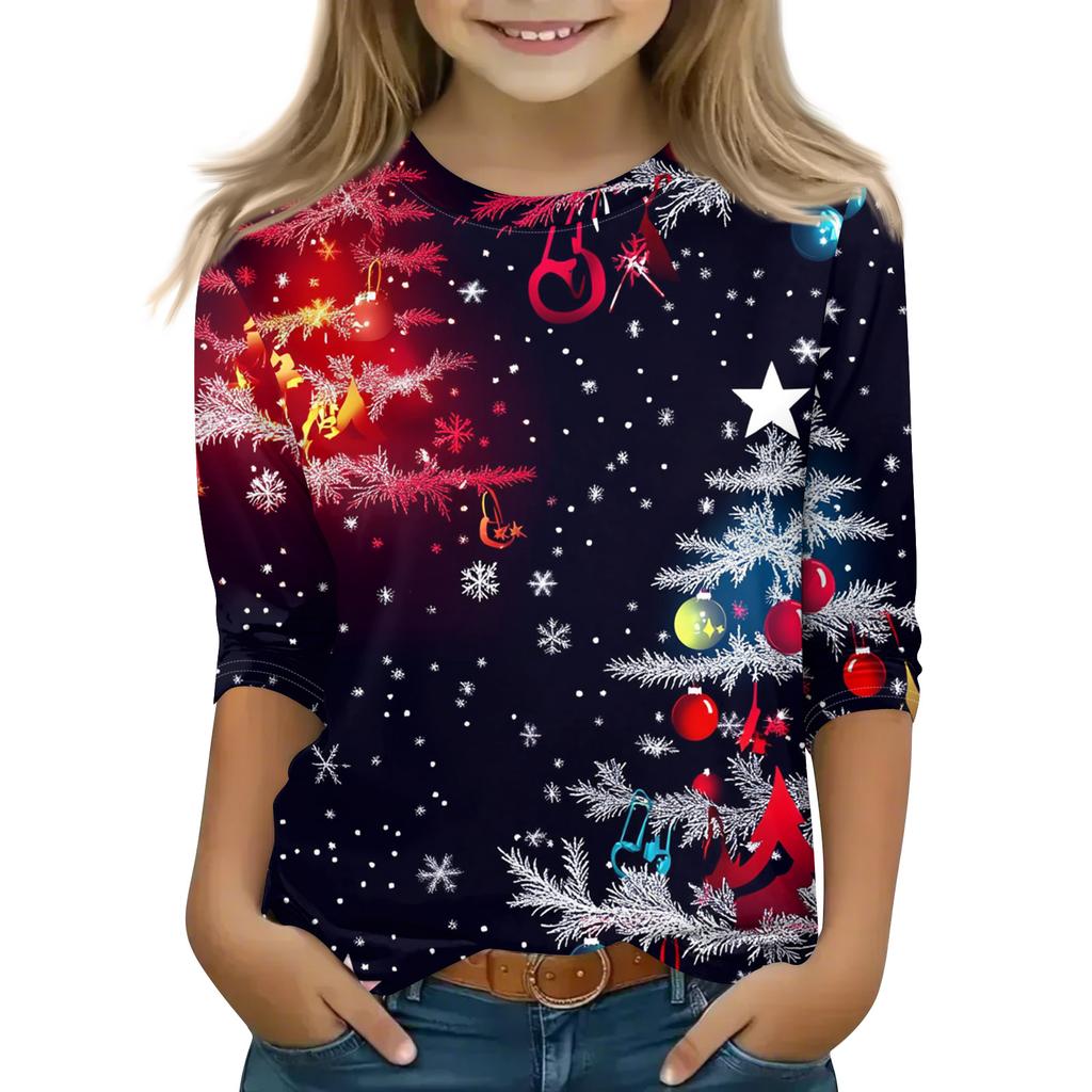 Christmas Day Print Tops For Youth Girls 5-16 Years Round Neck 3/4 Sleeves T-Shirts Trendy Tops Outfit Tees