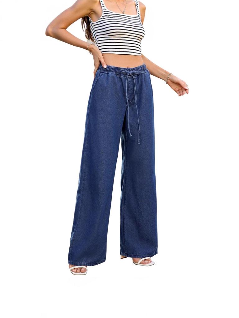 Damskie jeansy z wysokim stanem, luźne, szerokie nogawki, rozciągliwe, ze sznurkiem do ściągania