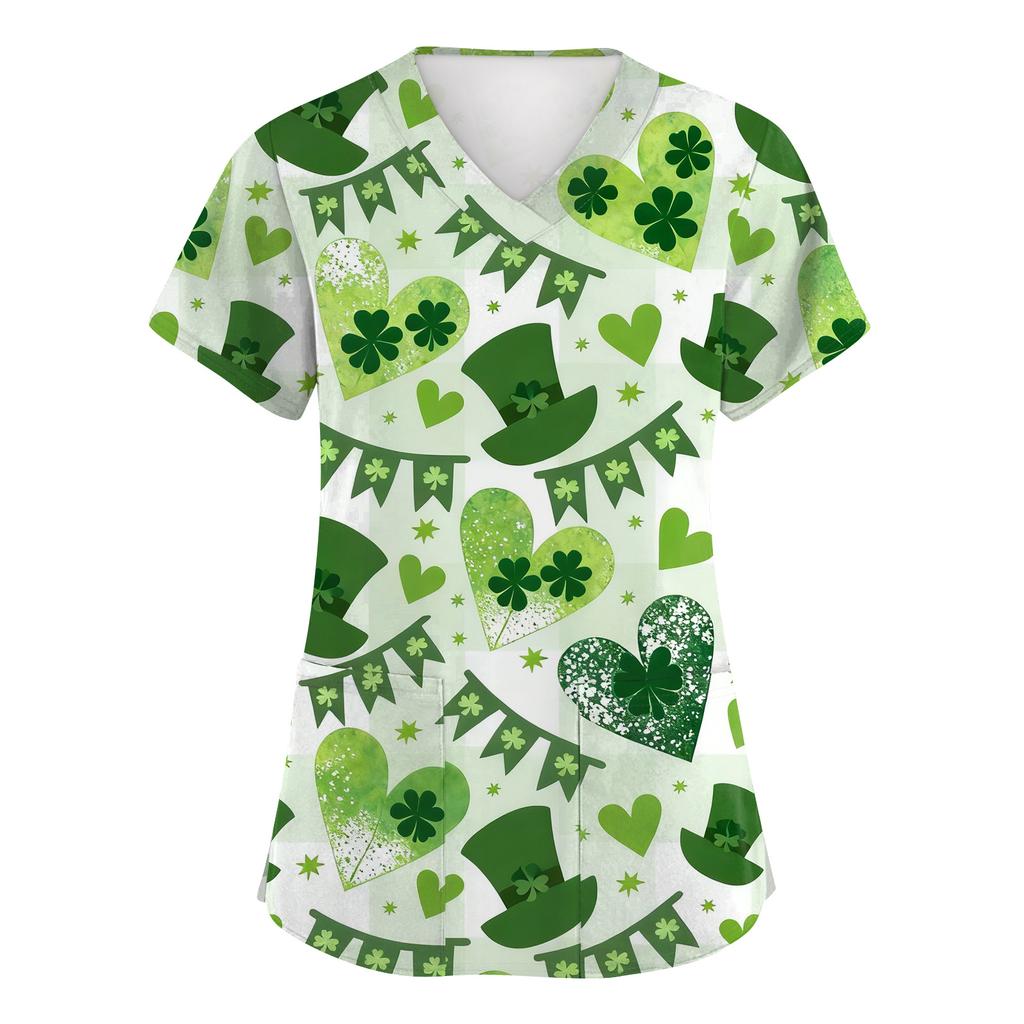 Women's Fashion Short-Sleeve Sleeve St. Patrick's Day Print V-Neck Pocket Workwear Top