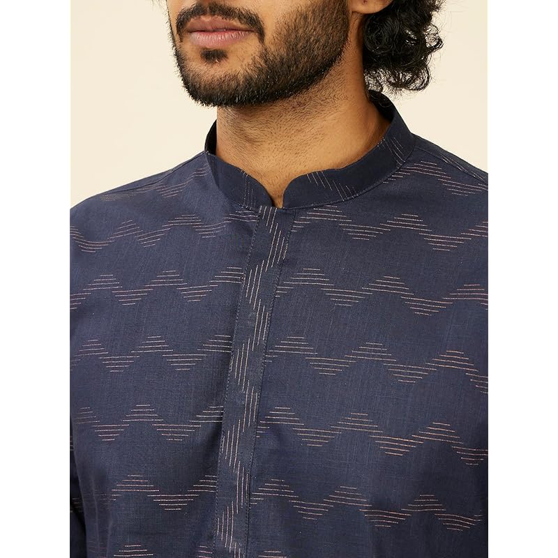 Manyavar Mens Kurta Only, Ethnic Kurta for Men, Full Sleeves Mandarin Collar Wave Blended Cotton Kurta Only (Blue) (3XL) 3XL синий