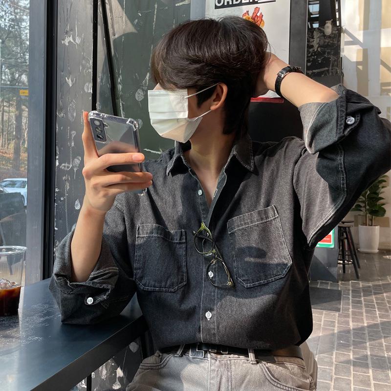 

Мужская рубашка из корейского денима в стиле ретро, осень 2023 г.: Длинный рукав, свободный крой, универсальная повседневная куртка L чёрный