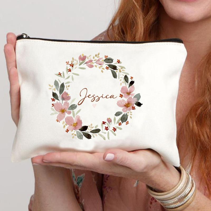 Garland Personalized Name Canvas Cosmetic Bag Travel Zipper Storage Toiletry Bags Retro Pencil Case Teacher Bride Gift Customize