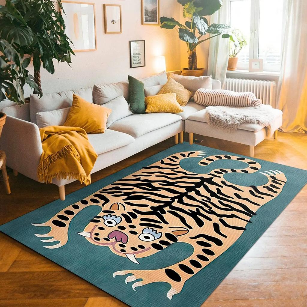 Retro Artistic Tiger Pattern Vintage Inspired Floral Motif Decorative Border Living Room Bedroom Home Decoration Carpet Mat Rug
