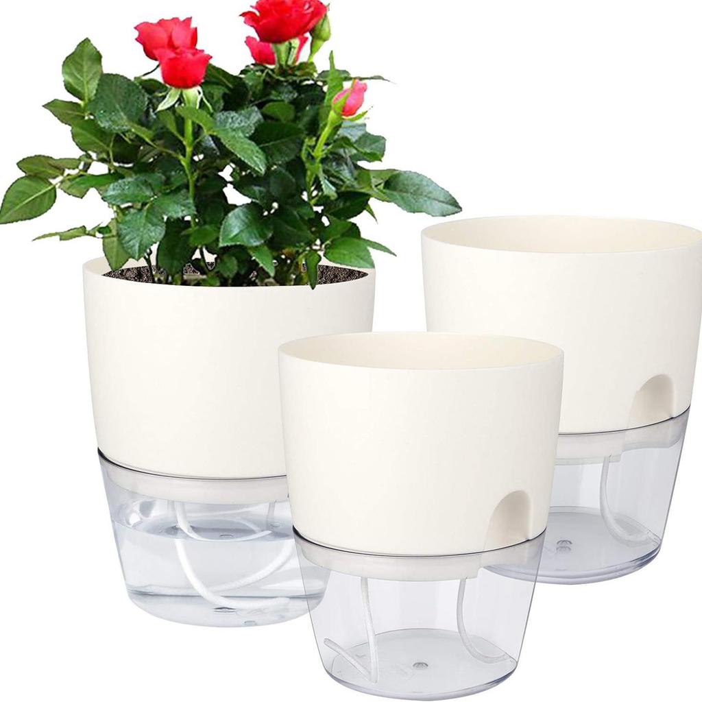 Transparent Double Layer Plastic Flower Pot Self Watering Flowerpot Cotton Rope Watering Small Plant Pot with Injection Port