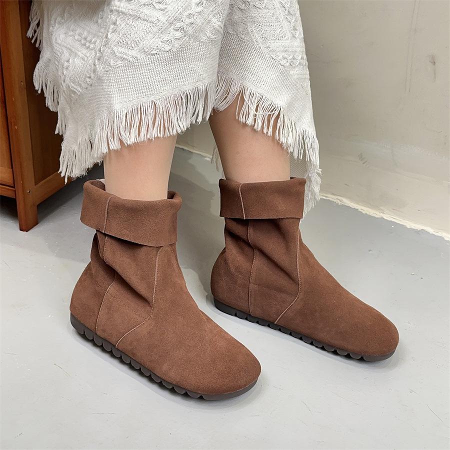 

Johnature Шкіряні чоботи з нубуку в стилі ретро до середини гомілки, круглий носок, однотонне жіноче взуття з плоским низом 36 кавовий