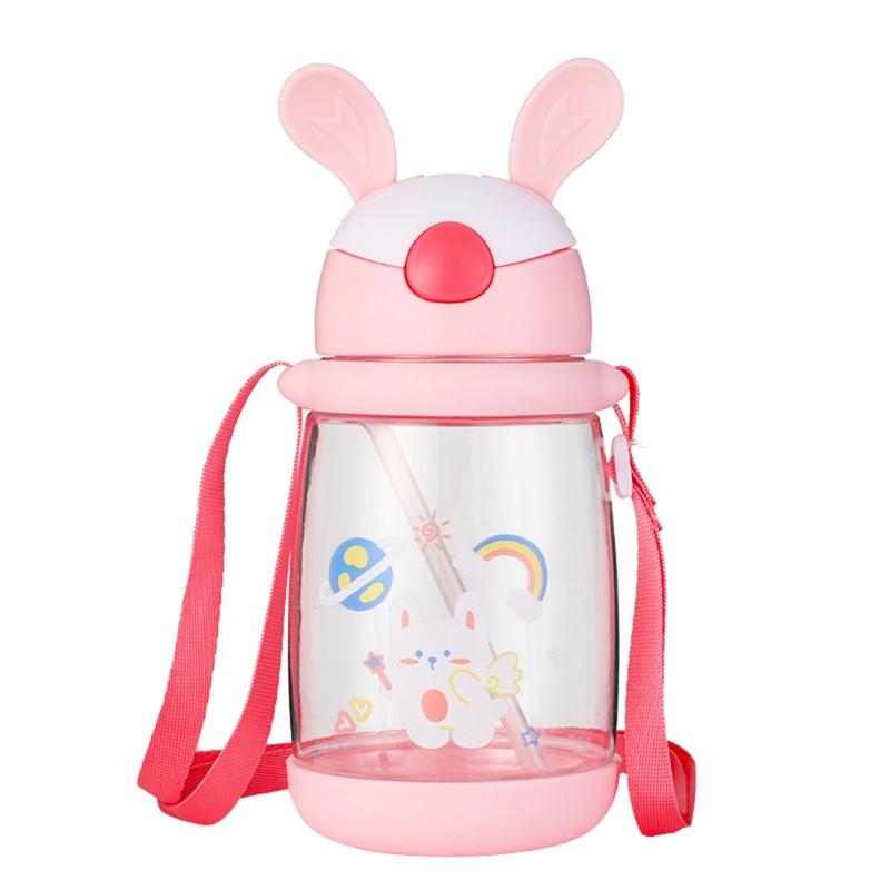 Kids Children School Drinking Water Straw Bottle Cartoon Bunny Straw Baby Cup with Shoulder Strap Water Bottle