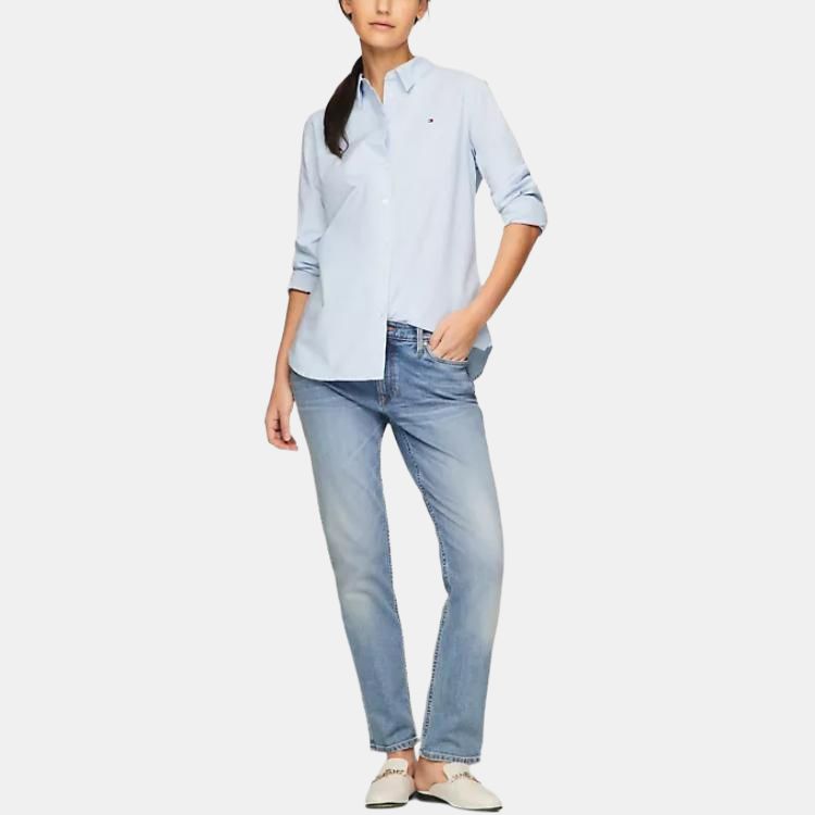 Tommy Hilfiger Logo Fitted Point Collar Single-Breasted Long Sleeve Shirt Women Shirts Blue 76J4826-CJP