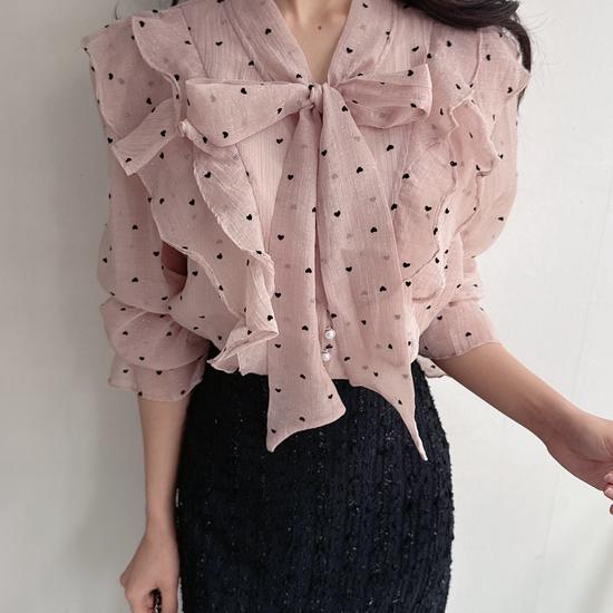 Heart Pattern Frill Tie Ribbon Puff Spring Blouse