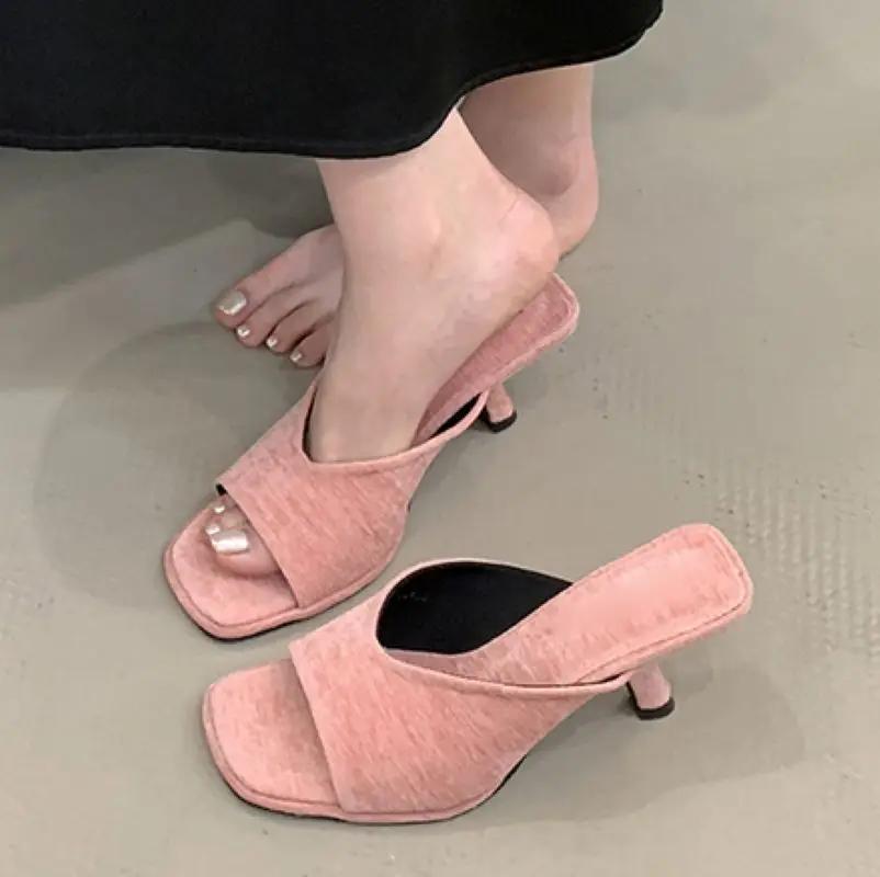 Fashion Eilyken Summer Fashion Square Toe Women Slippers Fashion Thin Low Heels Slide Shoes Elegant Party Dress Zapatos De Mujer