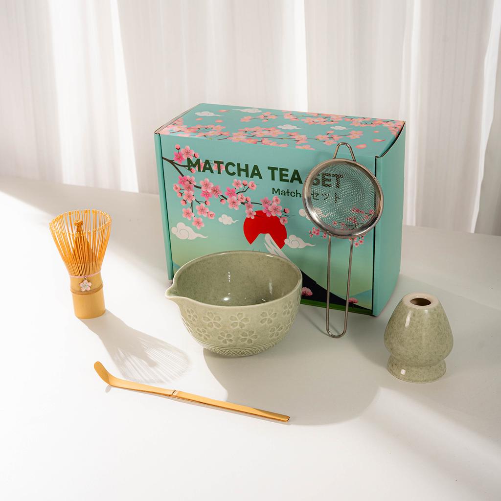 Japanese Matcha Tea Set With Cherry Blossom Pattern, Bamboo Whisk, Ceramic Matcha Bowl, Matcha Making Kit, Tea Utensils Set Gift