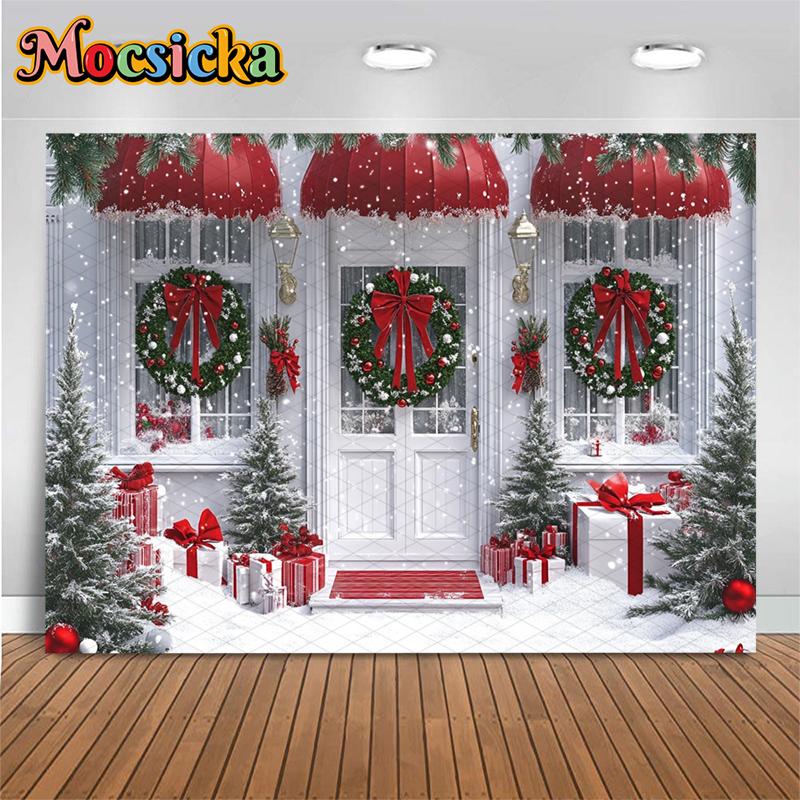 Mocsicka Christmas White House Backgrounds Photography Snow Family Party Photo Backdrops Red Bow Green Wreath Tree Decors Banner