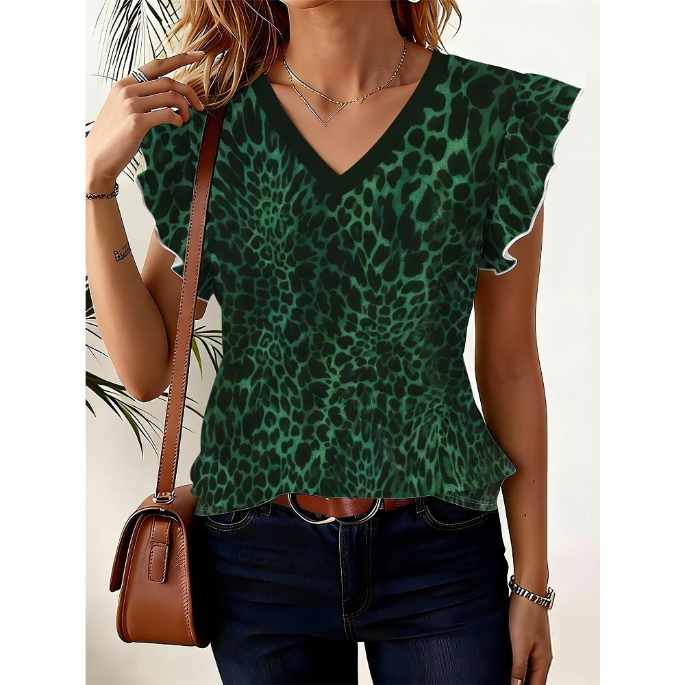 Dark Green Leopard Print High-Quality Women S Full Print V-Neck Top S