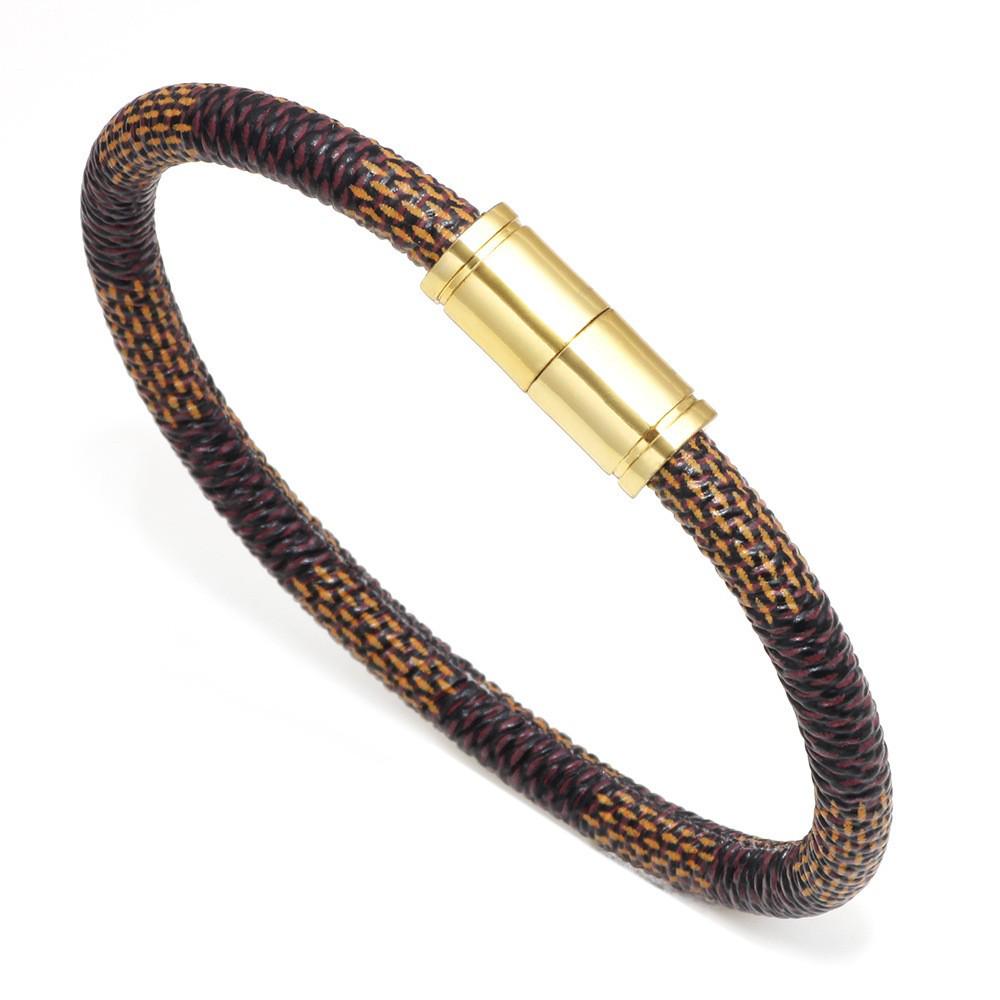High-End Fashion Stripe Leather Bracelet with Gold-Plated Metal Accents