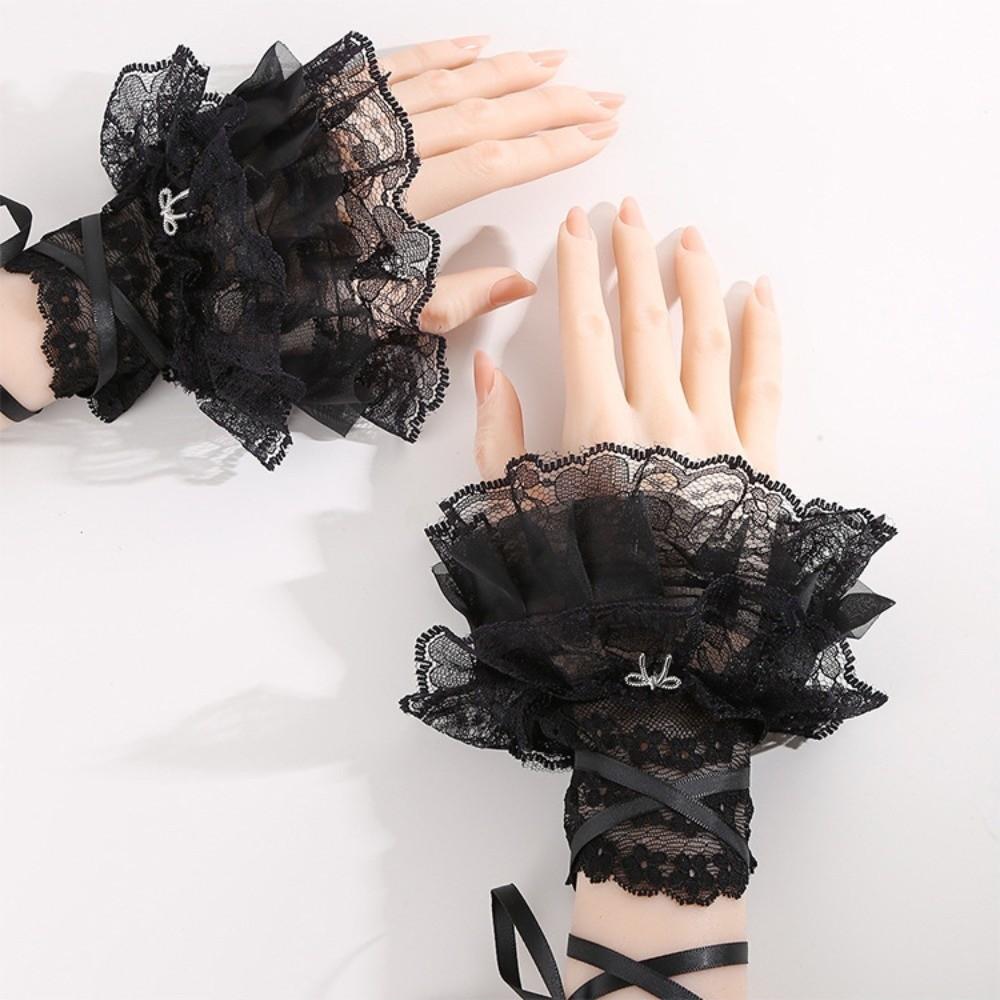 1Pair Black/White Fingerless Gloves Ruffled Design Elastic Lolita Gloves Floral Lace Bow Tie Sleeve