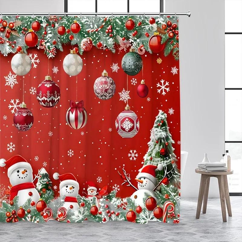Christmas Balls Shower Curtain Green Pine Boughs Gold Stars Snowflakes New Year Xmas Bath Curtain Home Bathroom Decor With Hooks