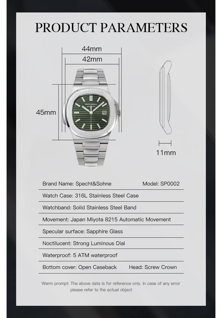 Dropshipping Specht & Söhne Mechanical Wristwatch For Men 5711 Watches Miyota 8215 Sports Watches Relogio Masculino