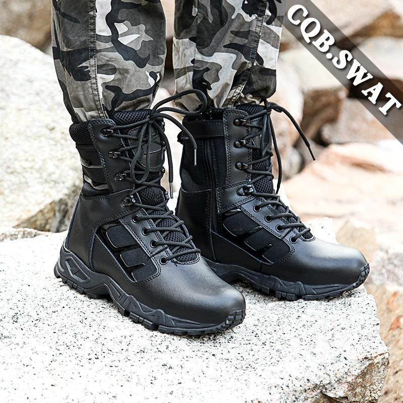 Fashion Leather Mens Waterproof Tactical Boots Black Wearable Black Leather Boots
