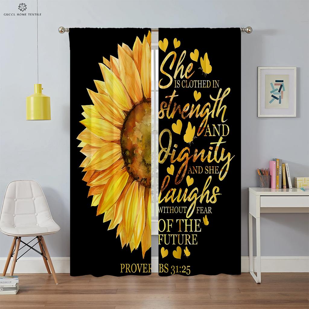 Retro Floral Sunflower Drapes Creative Letters Fashionable Print Curtains Bedroom and Living Area Ornamental Curtains