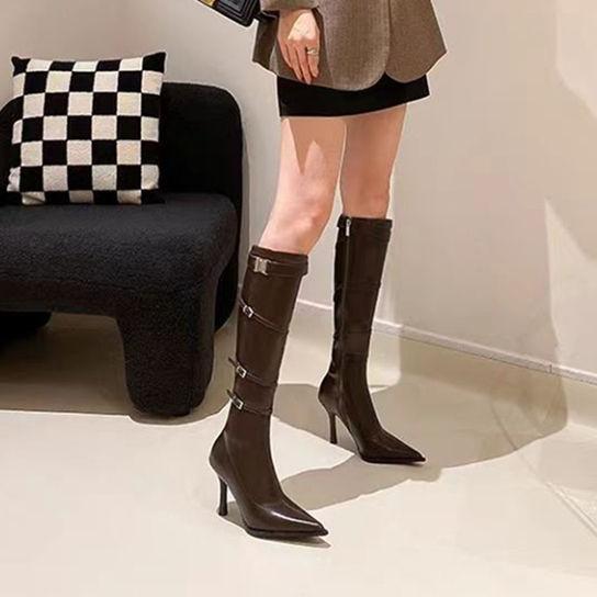 Brown retro long boots 2025 new pointed high heel side zipper fashion boots female sexy babes long boots
