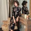 Damen Retro Druck Cheongsam Kleid Mode Samt Chinesischer Stil Stehkragen Halbe Ärmel